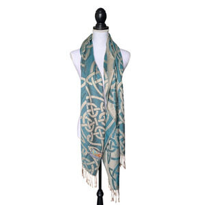 Celtic Ore Knitwear Blue Beige Wool Blend Scarf with Fringe Pashmina 71 x 27.5
